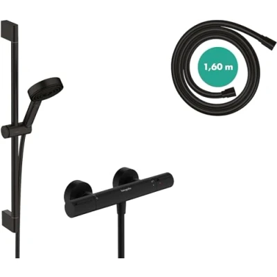 Image of hansgrohe Pulsify Select S water saving shower set with thermostatic mixer Ecostat Element, head 8,2 l/min (EcoSmart), rail 65cm, hose &amp; holder, matt black, 24272670