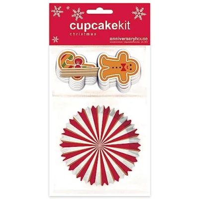 Image of Anniversary House 28 pcs Christmas Cupcake Kit, Gingerbread Decoration Set, Premium Muffin Kit for Festive Baking, 16 Cup Cake Cases and 12 Toppers Decorations, J208