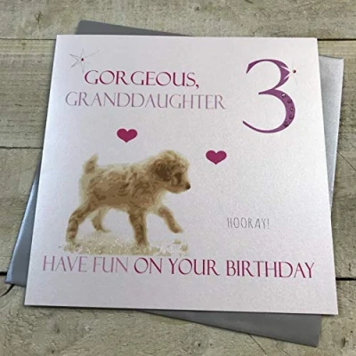 Image of WHITE COTTON CARDS Gorgeous Granddaughter 3 Have Fun, Handmade Large 3rd Birthday Card (Puppy)