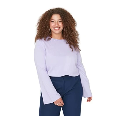 Image of Trendyol Women&#039;s Crew Neck Plain Regular Plus Size Sweater Sweatshirt, Purple, XXL UK
