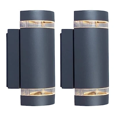 Image of Britalia 2 Pack Anthracite Dark Grey Outdoor Modern Up &amp; Down Half Cylindrical Wall Light IP44 Rated 24cm Height x GU10 Lamps Required Garden Patio Driveway Aluminium