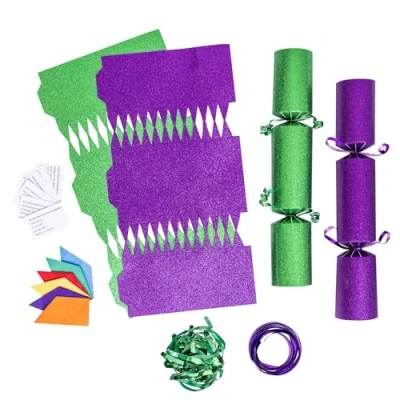 Image of evelay 12 Make Your Own Christmas Cracker Kit DIY Purple &amp; Green Glitter Crackers Hats Snaps Jokes (Purple, Green)