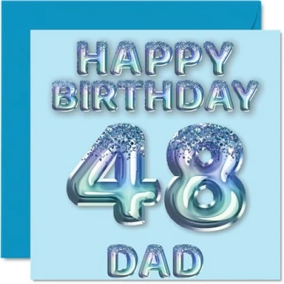 Image of 48th Birthday Card for Dad Blue Glitter Party Balloons Happy Cards 48 Year Old Father from Son Daughter, 145mm x Bday Greeting Gift
