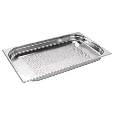 Image of Vogue Stainless Steel Perforated Gastronorm Tray 1/1 GN, Silver, Capacity: 5.8 Litre, Depth: 40mm, Pan Fridge, Freezer, Blast Chiller, Oven &amp; Dishwasher Safe, K839
