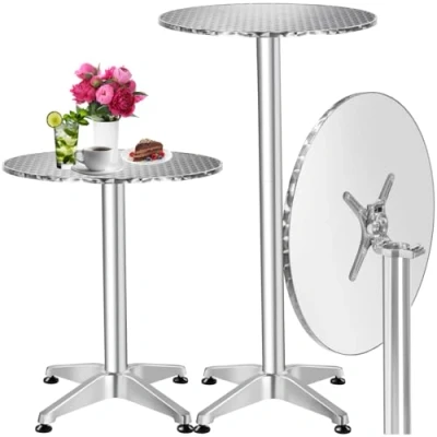 Image of tectake® Bar Table, Height Adjustable Folding Table 74 114 cm, Round Surface Ø 60cm, Durable Stainless Steel Top, Lightweight Aluminium Legs, Weather Resistant, Easy Assembly, for Indoor &amp; Outdoor