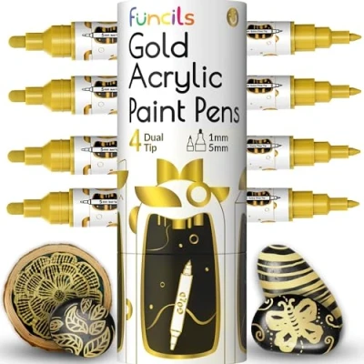 Image of 4 Dual Tip Gold Paint Pen Metallic Fine &amp; Medium Acrylic Markers Marker for Metal, Wood, Rock Painting, Canvas, Ceramic, Glass, Fabric, Leaf and Plastic Water based Ink