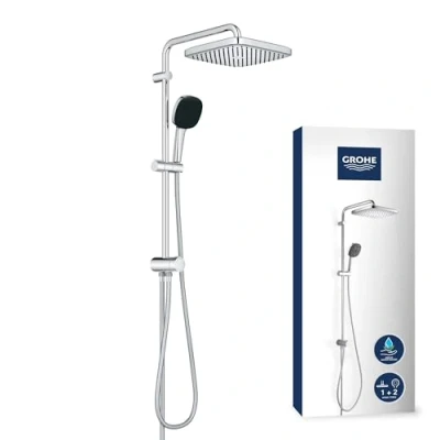 Image of GROHE Vitalio Comfort 250 Flex Shower System with Diverter (Square 25cm Head 2 Spray Rain &amp; SmartRain, Square 11cm Hand Spray: Jet, Hose 1.5m, Water Saving), Chrome, 26698001