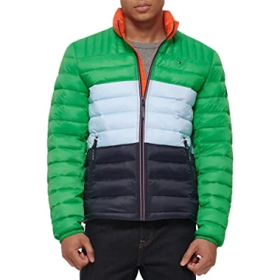 Image of Tommy Hilfiger Men&#039;s Lightweight Down Alternative Packable Puffer Jacket Coat, Apres Ski Colorblock, M