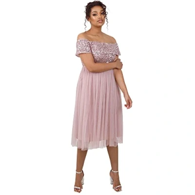 Image of Maya Deluxe Women&#039;s Ladies Bardot Dresses Midi High Empire Waist Sequins Embellished Formal Evening for Wedding Guest Bridesmaid, Frosted Pink, 16