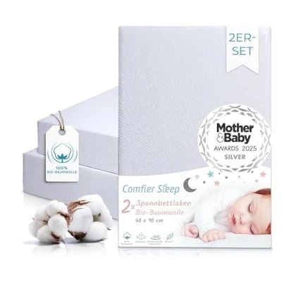 Image of Fitted Sheet 40 x 90 cm Baby Made of 100% Completely Natural Organic Cotton in White Colour Set 2 Ultra Soft and Comfortable for Your