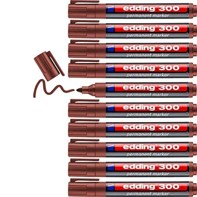 Image of edding 300 permanent marker brown 10 pens round tip 1.5 3 mm waterproof, quick drying, smear proof for cardboard, plastic, glass, wood, metal and fabric