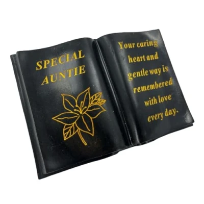 Image of Angraves Special Auntie Gold Lily Flower Graveside Black Book Memorial Ornament Plaque