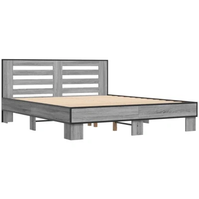 Image of vidaXL Bed Frame King Size 150x200 cm, Grey Sonoma, Engineered Wood &amp; Metal Legs, Plywood Slats for Bedroom Stability