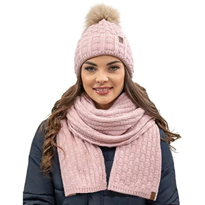 Image of Vivisence Stylish Women&#039;s Winter Set Hat with Pompom and Warm Fleece Lining Paired Classic Matching Scarf Made from Soft Fabric Perfect for Cold Weather, Light Pink,UNI