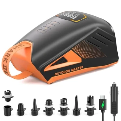 Image of OutdoorMaster Shark 3 Paddle Board Pump Electric 3&#039;50&quot; Fast Inflation, 20PSI 74Wh Rechargeable SUP Air Auto Off &amp; Deflation, 12V/15.8V DC Type C Input, 8 Nozzles for Inflatables, Boats,Kites