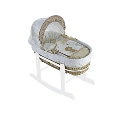Image of ELEGANT BABY Beary Nice Cream Palm Moses Basket with Deluxe White Rocking Stand, Adjustable Hood, Fibre Mattress &amp; Padded Liner