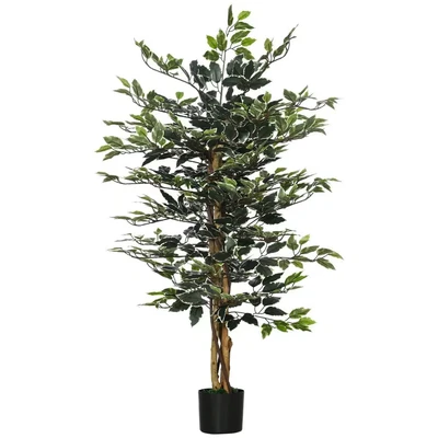 Image of HOMCOM Artificial Ficus Tree in Pot, 130cm Tall Fake Plant with Lifelike Leaves and Natural Trunks, for Indoor Outdoor, Green