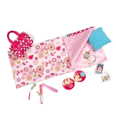 Image of Our Generation Polka Dot Sleepover Set Pizza Party Themed for 18 inch Girl Dolls 15 Piece Doll Accessory Playset