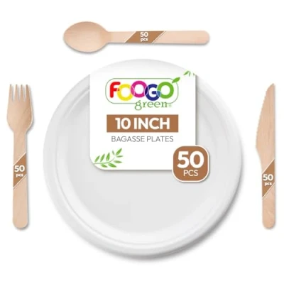 Image of FOOGO Green 200pcs Disposable Sugarcane Fibre Paper Plates and Wooden Cutlery Set, FSC® Certified, 50x Large Round Plates, Forks, Knives, Spoons, Eco Biodegradable Strong
