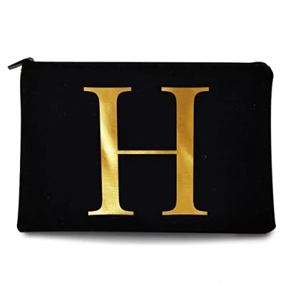 Image of 26 Letter Printed Zip Canvas Pouch Makeup Bag Make Up Bag, Cosmetic Travel Bag,Toiletry Bag,Organizer Bags,Toiletry Bags, Bride Bridesmaid Bag,Pencil Bag,Wash Bag,Coin Purse (Gold H)