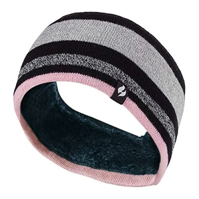 Image of Heat Holders Ladies Thick Cable Knitted Fleece Lined Thermal Winter Empty Skull Ear Warmer Headband (One Size, Stripe Black Bright Pink)