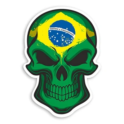 Image of 2 x Glossy Vinyl Stickers Brazil Flag Skull Funny Laptop Decal #0125 (As Shown.)