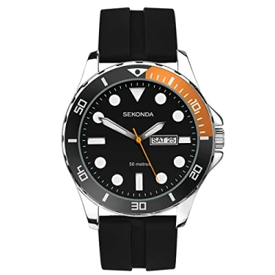 Image of Sekonda Balearic Mens 44mm Quartz Watch in Black with Analogue Day/Date Display, and Rubber Strap 30118