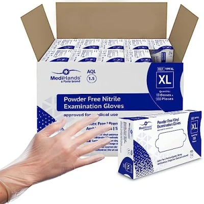 Image of MediHands Vinyl Clear Gloves, Box of 1000 Disposable Gloves X Large Powder Free, Latex &amp; Protein Free Multi Purpose, Single Use
