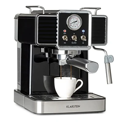 Image of KLARSTEIN Gusto Classico Espresso Maker Machine, Portafilter 1350 Watts, 20 Bar Pressure, Water Tank Volume: 1.5 Litres, Removable Stainless Steel Drip Grid, Colour: Black