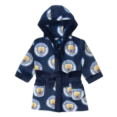 Image of MANCHESTER CITY FC Official Baby Hooded Fleece Dressing Gown Navy Crest 2 3 Years