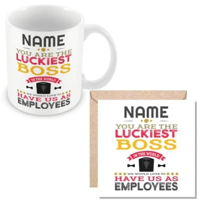 Image of MUGGZ Personalised Novelty Funny Gift for Boss You are The Luckiest in World Mug &amp; Card Giftset Made UK