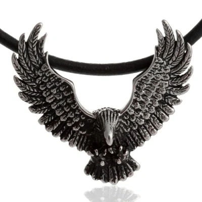 Image of DonDon Men&#039;s Leather Necklace 50 cm with Stainless Steel Biker Eagle Pendant in Black Velvet Gift Bag