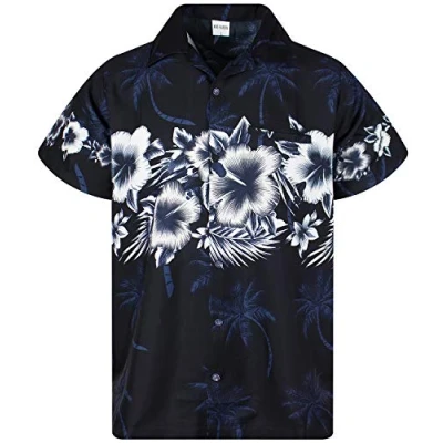 Image of King Kameha Classic Modern Hawaiian Shirt for Men Front Pocket Casual Aloha Shirts, Flower Chest, Black, 3XL