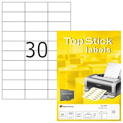 Image of TopStick Self Adhesive Multipurpose Labels, 30 Labels per A4 Sheet, 1000 Sheets, 70 x 29.7 mm, 30000 Blank Universal Stickers, Sticky for Laser &amp; Inkjet Printer, White