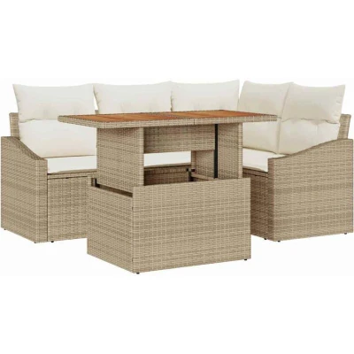 Image of vidaXL 5 Piece Garden Dining Set with Cushions Beige Poly Rattan Acacia