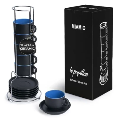 Image of MIAMIO 75 ml Espresso Cup Set with Saucers Coffee Mug of 6 Ceramic Stackable Stand for Drinks, Latte, Cafe Mocha Le Papillon Collection (Blue)