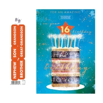 Image of Words &#039;n&#039; Wishes Male Age 16 Birthday Card Amazing 16th Cake &amp; Candles with Gold Foil Finish Recipient Stickers for Nephew, Son, Grandson, Brother or Great Grandson Eco Friendly