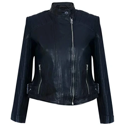 Image of Ladies Womens Black Real Leather Fitted Vintage Biker Style Zip Fashion Jacket 2XL