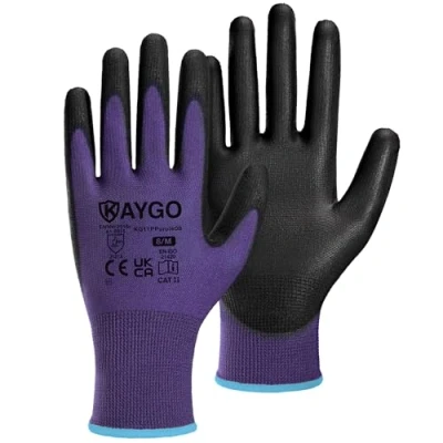 Image of KAYGO Work Gloves PU Coated 12 Pairs, KG11PP, Safety Working with Secure Grip on Palm &amp; Fingers, for Men and Women, Ideal General Purpose Light Duty Work, Gardening (Medium, Purple)