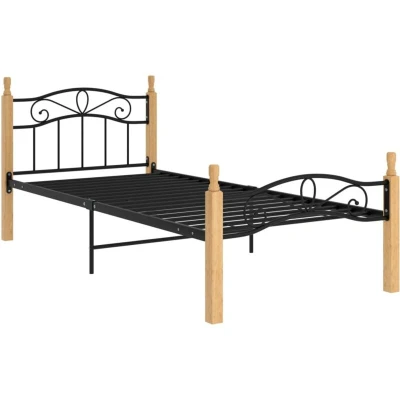 Image of vidaXL Bed Frame without Mattress Black Metal&amp;Solid Oak Wood 100x200 cm