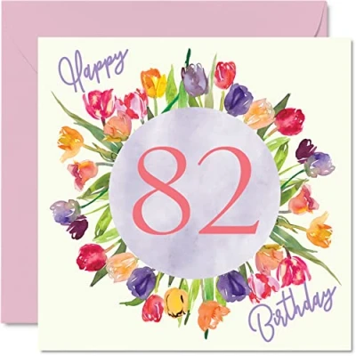 Image of Beautiful 82nd Birthday Cards for Women Watercolour Tulips Flowers Bouquet Happy Card Her Grandma Nanny Gran Mum Gifts, 145mm x Lovely Floral Greeting Gift