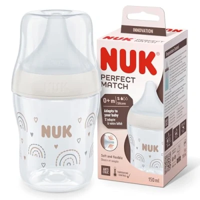 Image of NUK Perfect Match Baby Bottle 0+ Months Adapts to Baby&#039;s Palate Temperature Control Anti Colic Vent 150 ml BPA Free Small Silicone Teat Rainbow