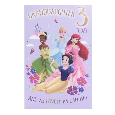 Image of UK Greetings Disney Princess 3rd Birthday Card for Granddaughter Snow White, Tiana, Ariel &amp; Cinderella Design
