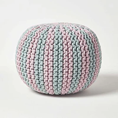 Image of HOMESCAPES Pastel Pink and Blue Knitted Pouffe 100% Cotton Round Bean Filled Striped Footstool 40 x 35 cm