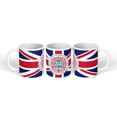 Image of Print Maniacs Kings Coronation Mug 2023 Official Union Jack 11oz King Charles III Commemorative Souvenir Gift His Majesty The Royal Memorabilia Gifts (White)