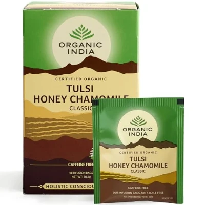 Image of Organic India Tulsi Honey Chamomile Tea, Caffeine Free, Certified Organic, 18 Tea Bags