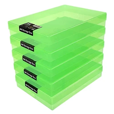 Image of WestonBoxes A4 Colourful Transparent Plastic Craft Storage Boxes with Lids for Art Supplies, Paper and Card (Green/Pack of 5)