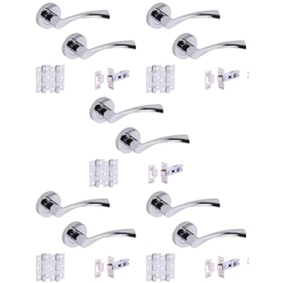 Image of HANDLEZONE® 5 Sets Lobo Internal Door Handles on Rose Lever Latch Packs with 75mm Ball Bearing Hinges and 76mm Latches Polished Chrome
