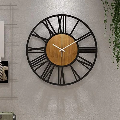 Image of HAITANG Large Wall Clocks,Silent,Non Ticking,Battery Operated Small Vintage Round Modern Wood Clock for Living Room, Bedroom,Kitchen,Farmhouse,Office Decor 14IN(34cm, Black,Roman numeral)
