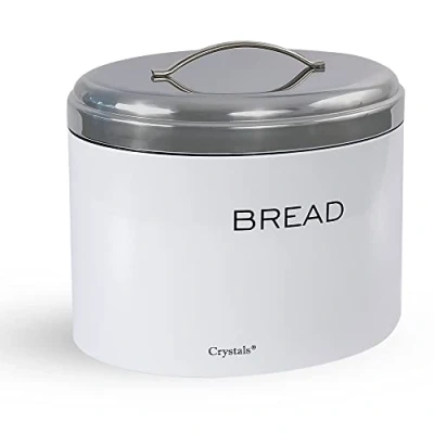 Image of Stainless Steel Powder Coated Oval Shape Bread Bin with Lid Loaf Storage Food Box in Silver, Copper &amp; White Colors by Crystals® (White)